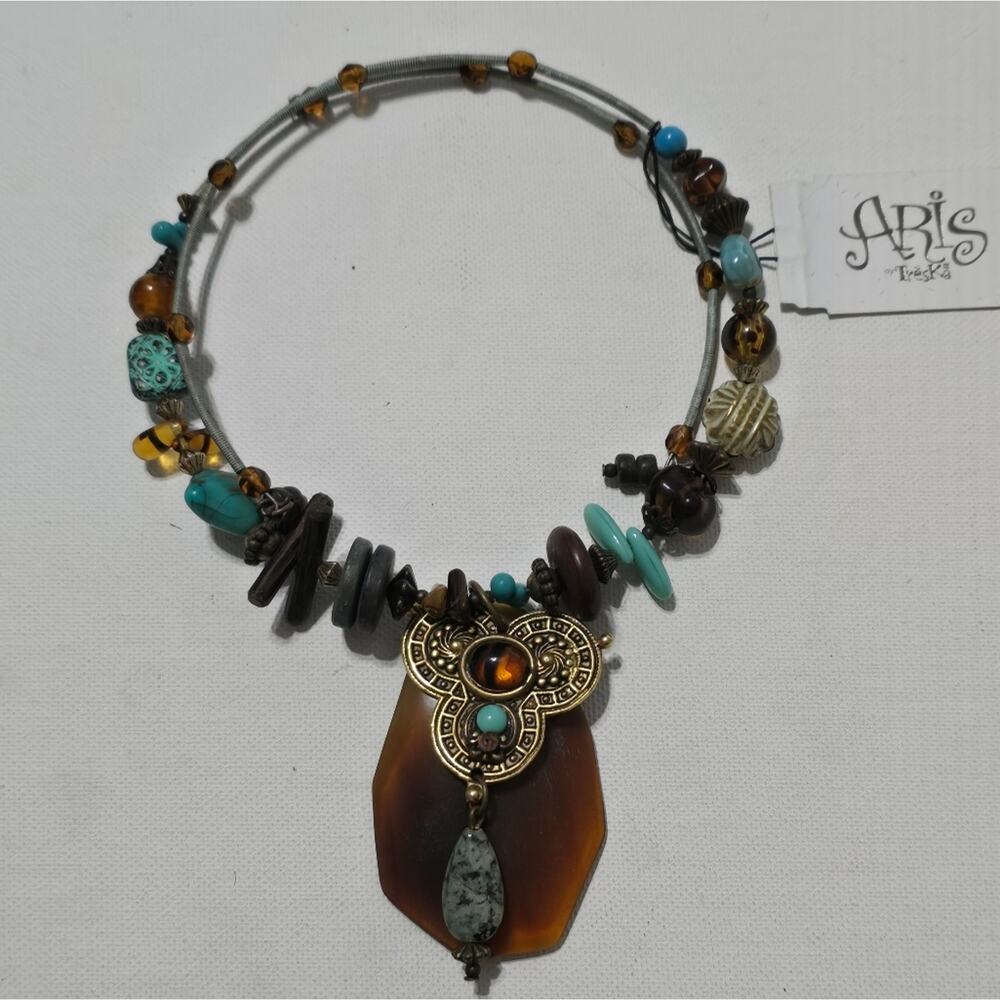 Treska Turquoise and Brown Pendant Wrap Collar Necklace New